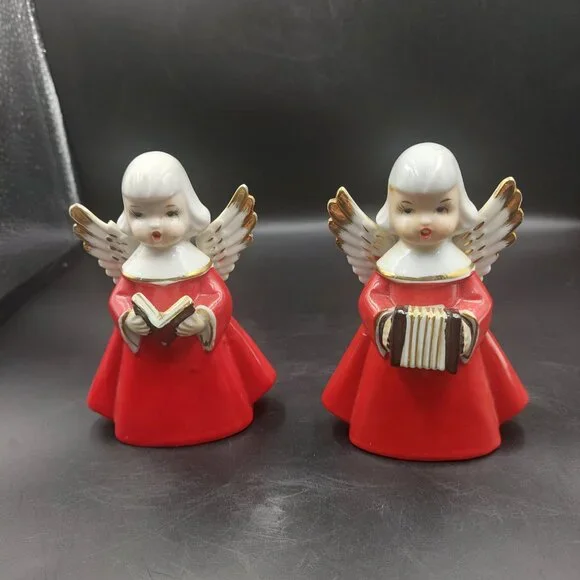2 Vintage Japan Christmas Choir Angels w/Hymnal & Accordion Red Gold Trim - Picture 1 of 9
